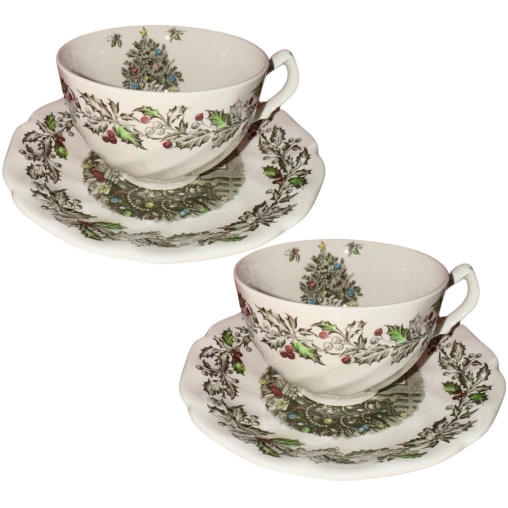 Johnson Brothers Vintage Merry Christmas Flat Cup and Saucer Set (2)